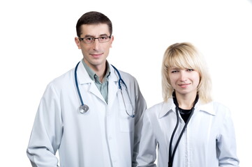 Man and woman in white coats of doctors with stethoscopes on a white background in isolation