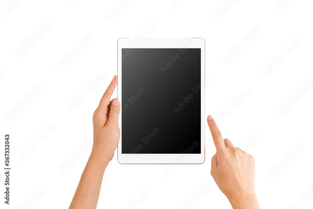 Wall mural technology concept, hands using a mock up white tablet and use finger to point at the screen on whit
