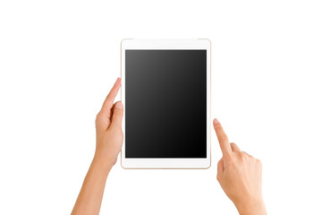 Technology Concept, Hands using a mock up white Tablet and use finger to point at the screen on white background and clipping path.
