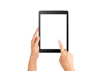 Technology Concept, Hands using a mock up black Tablet and use finger to point at the screen on white background and clipping path.