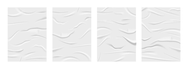 Crumpled poster, glued realistic paper wrinkled effect. Badly wet glued paper with crumpled and greased wrinkles texture, isolated blank templates set, badly glued white paper - vector