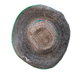 Top view of old weave hat made from reed leaves. On isolated white background with clipping path.