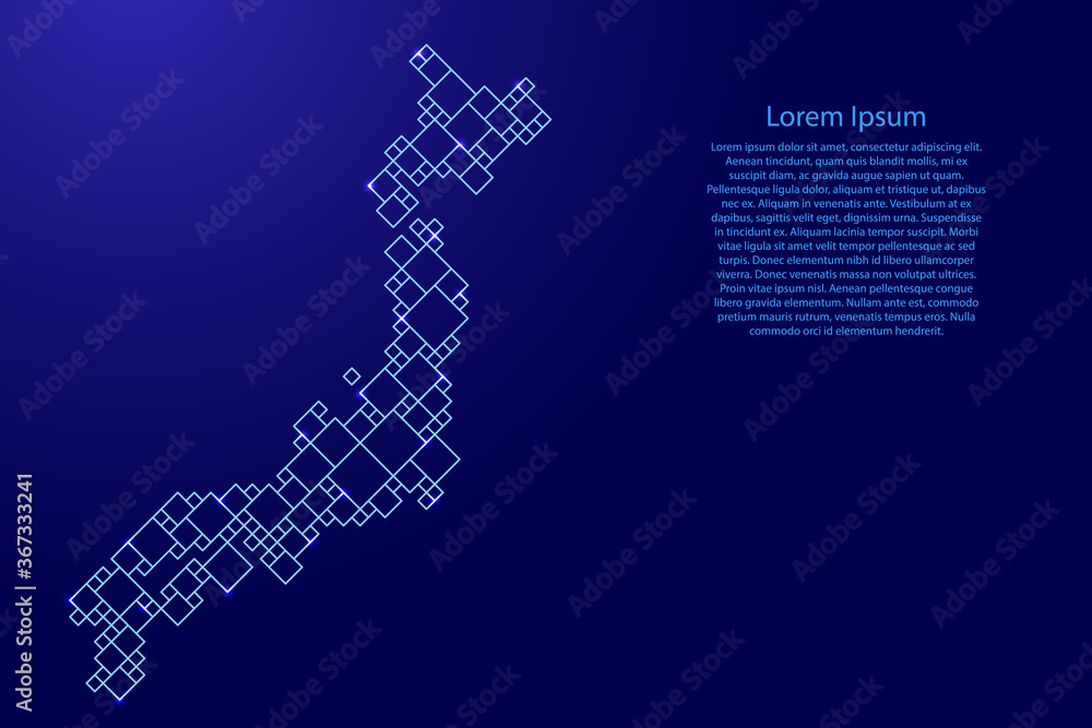 Poster japan map from blue pattern from a grid of squares of different sizes and glowing space stars. vecto