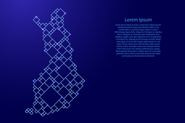 Finland map from blue pattern from a grid of squares of different sizes and glowing space stars. Vector illustration.