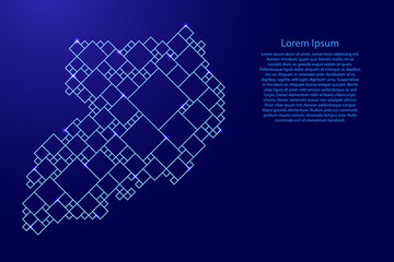 Uganda map from blue pattern from a grid of squares of different sizes and glowing space stars. Vector illustration.