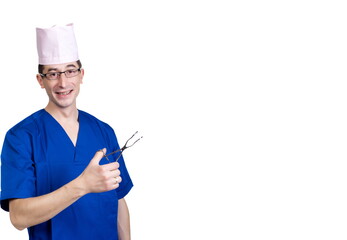 A man in a blue doctor suit and cap on a white background, isolated
