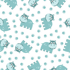 Vector kids cartoon animals seamless pattern with hippo. Illustration for textile and texture design
