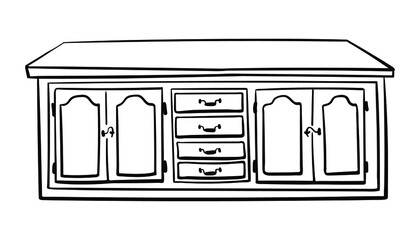 Vintage kitchen island with drawers/ Vintage furniture/ Interior design elements/ Hand drawn sketch illustration isolated on white background