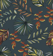 Tropical leaf pattern with outlines seamless