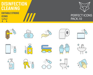 Disinfection color line icon set, cleaning symbols collection, vector sketches, logo illustrations, hygiene icons, antibacterial cleaning signs filled outline pictograms, editable stroke.