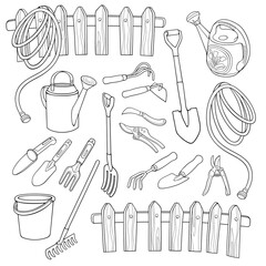 Set of garden cartoon hand drawn elements