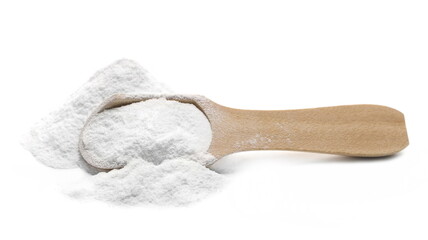Sugar powder in wooden spoon isolated on white background