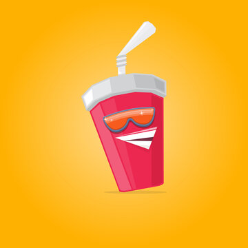 vector funny cartoon cute red party paper cola cup with straw and sunglasses isolated on orange background. funky smiling summer drink character