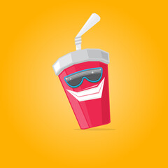 vector funny cartoon cute red party paper cola cup with straw and sunglasses isolated on orange background. funky smiling summer drink character