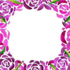 Watercolor spring floral frame with ruddy pink petals and green leaves. Hand-painted delicate border with roses. A square frame with simple pink, purple and lilac roses. A template for your layout.