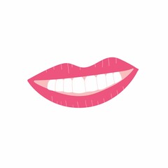 Fototapeta premium Lip. Female lips and mouth with a kiss, smile and teeth. Fashion sexy glamour badge element vector illustration isolated