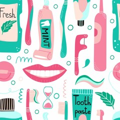 Cleaning mouth tools doodle seamless pattern. Toothbrush, toothpaste and dental floss, hand drawn morning hygiene, oral care, creative design textile, wrapping paper, wallpaper vector texture