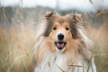 portrait of collie shepherd dog in autumn field close-up