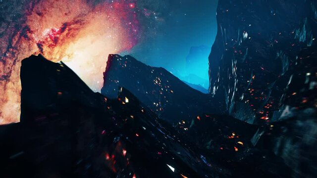 Futuristic mountain landscape flight seamless loop. Stylized VJ looping 3D animation with space and high speed flythrough. Outrun style videogame intro or background for EDM music live show or concert