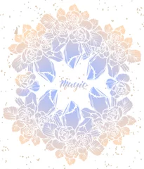 Selbstklebende Fototapeten Vector illustration, mysticism, bouquet of roses. crystals, prints on T-shirts, background white,pastel purple peach color. Handmade © HikaruD88