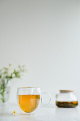 Green tean in glass pot and cup standing on the white background with camomile bouquet