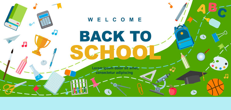 Back to school poster design. Backpack, pen and school supplies on a colorful background. Vector illustrations can be used for web banner, advertising, signs. Student bag with cool accessories