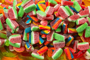 Assorted gummy candies. Top view. Jelly  sweets background.