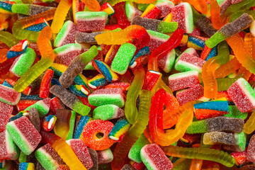 Assorted gummy candies. Top view. Jelly  sweets background.