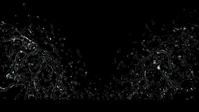 Slow motion splash of water and flying drops around on a black background 4k