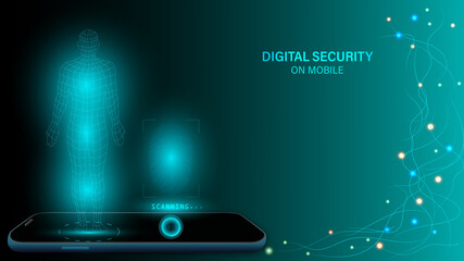 Digital security on mobile, electronic fingerprint on scanning screen. Low poly wire outline geometric vector illustration.