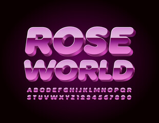 Vector beautiful banner Rose World. Pink Metallic Font. 3D Glossy Alphabet Letters and Numbers