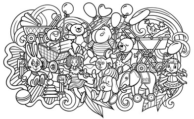Cartoon doodles hand drawn kids toys illustration.
