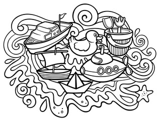 Cartoon doodles hand drawn kids toys illustration.