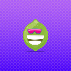 vector funny cartoon green lime character with sunglasses isolated on violet background. funky smiling summer lime citrus fruit character