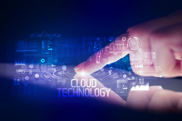 Finger touching tablet with web technology icons and CLOUD TECHNOLOGY inscription