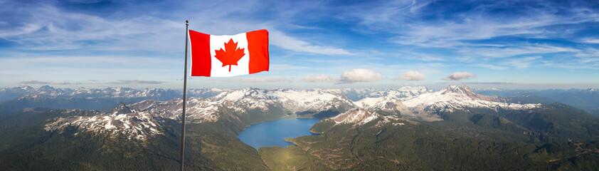 Canadian National Flag Overlay. Aerial View of Garibaldi surrounded by Beautiful Canadian Mountain Landscape during a sunny day. Taken near Squamish and Whistler, North of Vancouver, BC, Canada.