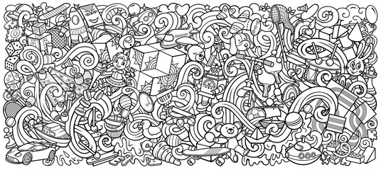 Cartoon doodles hand drawn kids toys illustration.