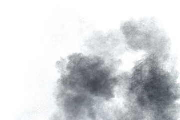 Black powder explosion on white background.Black dust particles splash.