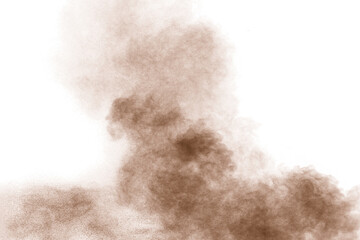 Brown powder dust cloud.Brown particles splattered on white background.