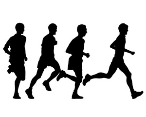 Young athletes run a marathon. Isolated silhouettes on white background