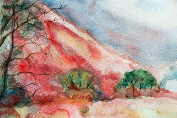watercolor landscape with mountains  hand made watercolor art by myself