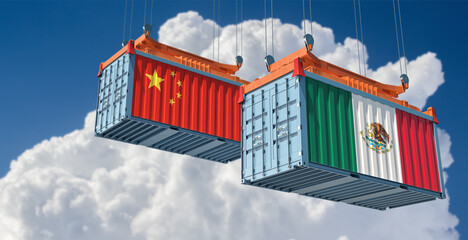 Freight containers with Mexico and China flag. 3D Rendering 