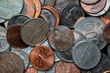 Picture of world currency old, oxidized coin, may use as background