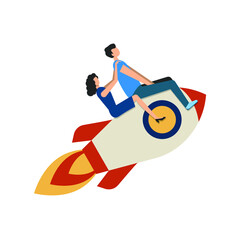 People fly up on a rocket. A man and a woman take off while sitting on a rocket. Vector illustration, flat cartoon design, isolated on white background, eps 10.