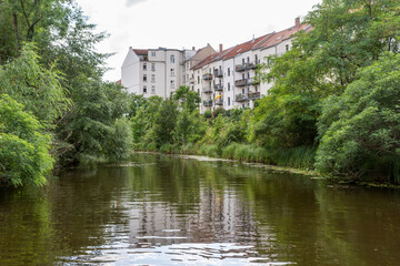 Fototapeta na wymiar Karl Heine Canal in Leipzig. Saxony. Germany. This is a wonderful place for water sports