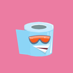vector funny cartoon toilet paper roll character with sunglasses isolated on pink background. funky smiling kawaii tolet paper roll character