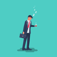 Sleepy businessman in a suit with a briefcase stands with a cup of coffee. Dose of energy on Monday morning. A cup of hot black coffee in hand. Vector illustration flat design. Isolated on background.