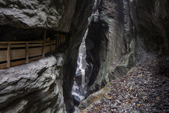 Liechtensteinklamm in Austria with a dark gap between mountains