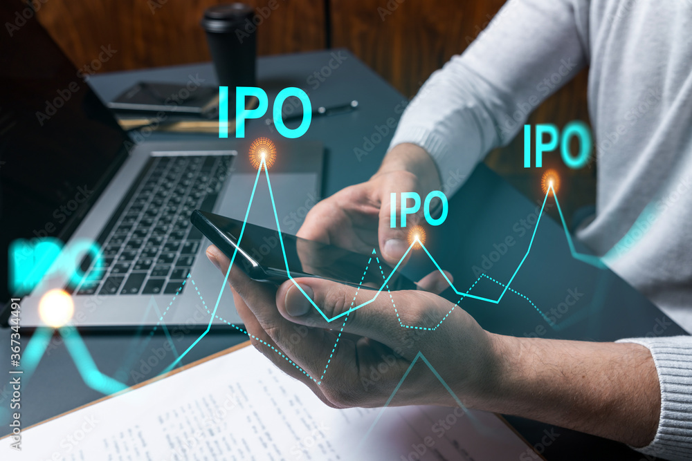 Poster man using phone. hands typing smartphone. double exposure with ipo hologram. close up. financial gra