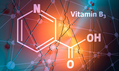 Structural chemical formula of niacin. Nicotinic acid or vitamin b3. Connected lines with dots background. 3D rendering